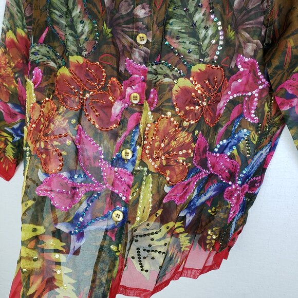Vintage Diane Gilman Silk Blouse Tunic Top Sequined Floral Sheer size M Relaxed - Picture 4 of 11